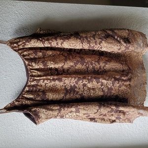 Bronze Gold Brown Metallic Floral Lace Mesh Lined Spaghetti Strap Bubble Top